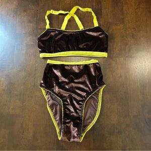 Solstice Intimates Velvet Bra and Underwear set in Brown and Yellow Size S